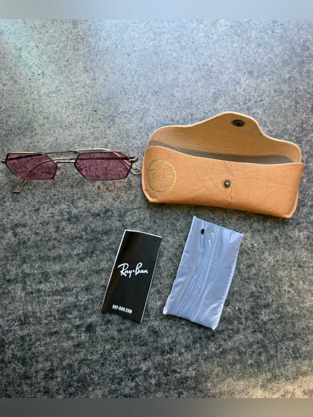 Ray-Ban Sunglasses with Pink Lenses, Silver frame and Brown Leather Case